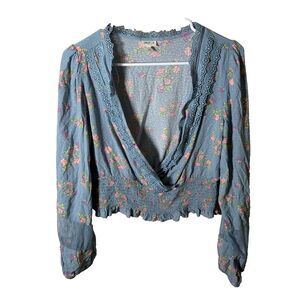 Self E Blouse Women's Large V-Neck Wrap Cropped Floral Lace Boho Top Shirt